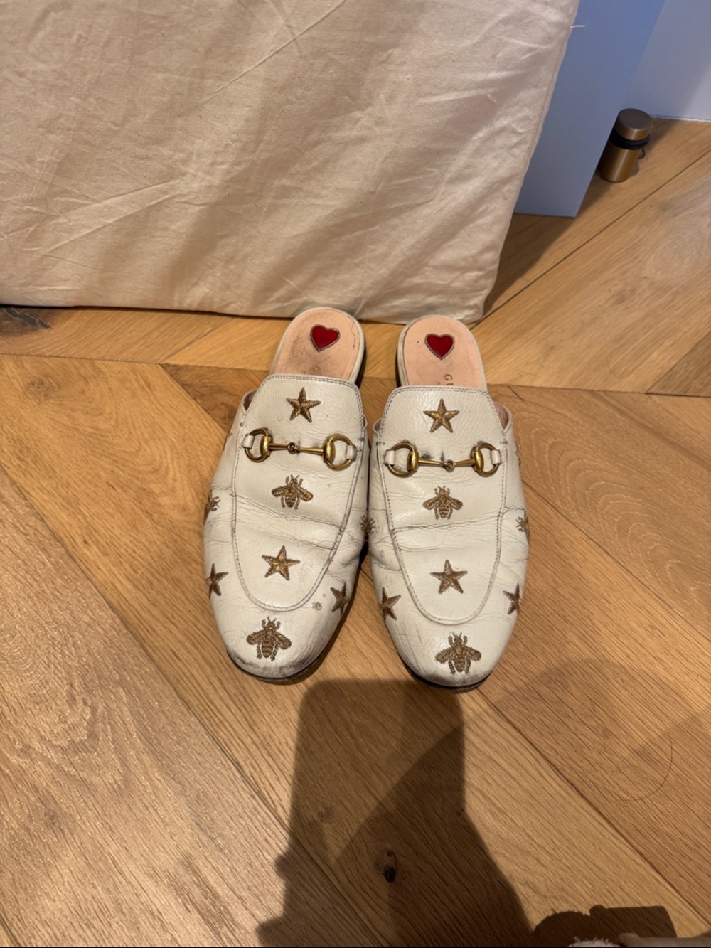 Gucci White Leather Horsebit Mules with Gold Bee & Star Embroidery